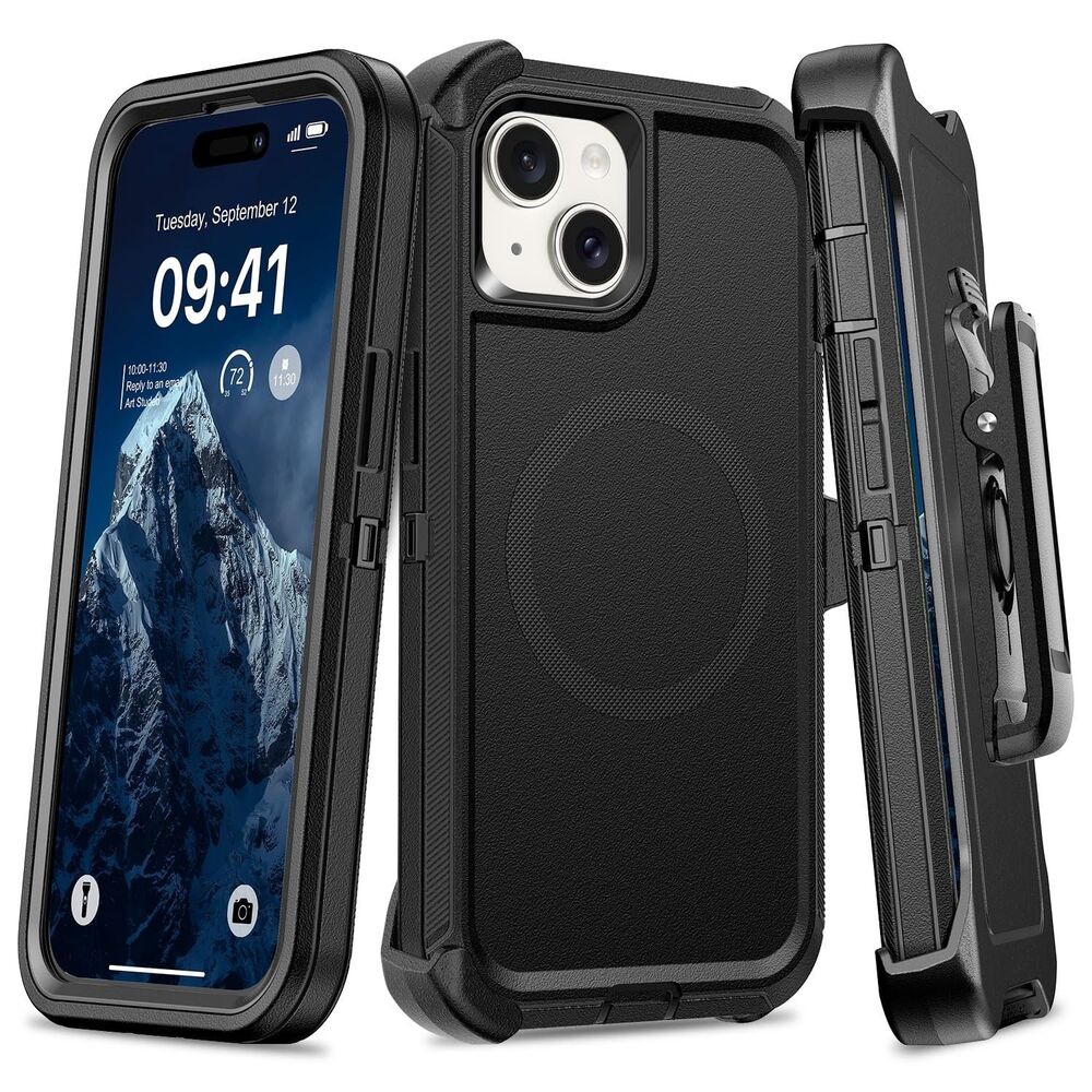 Magnetic for iPhone iPhone 15, 14 & 13 Case with Belt Clip Holster Dark Black